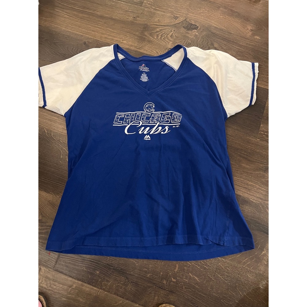 Majestic Chicago Cubs Womens‎ XL Blue White Raglan V-Neck T-Shirt MLB Fan Gear